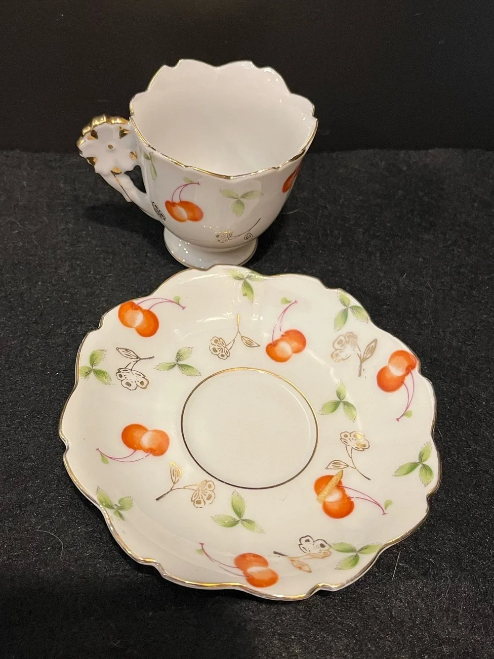 VTG Ucagco Demitasse Cup & Saucer with Cherry Motif & Gold Trim Made Occ. Japan
